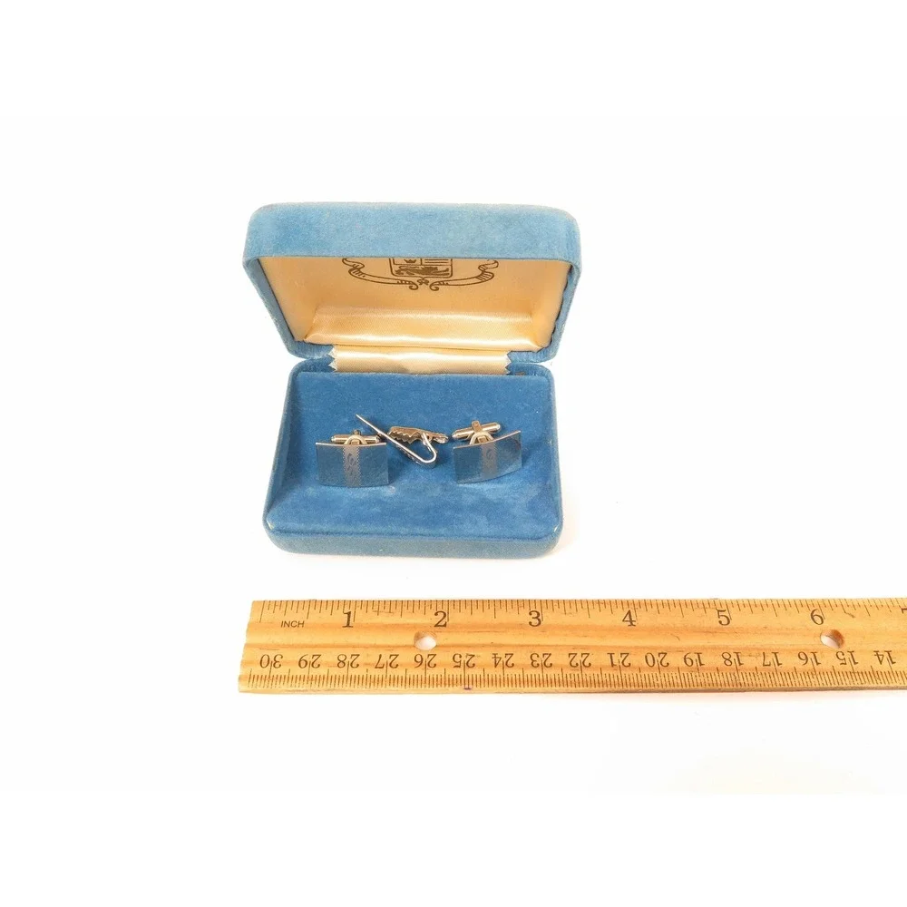 Vintage Sterling Silver Etched Cufflinks & Small Tie Clip Boxed Set*925 Hickok‎